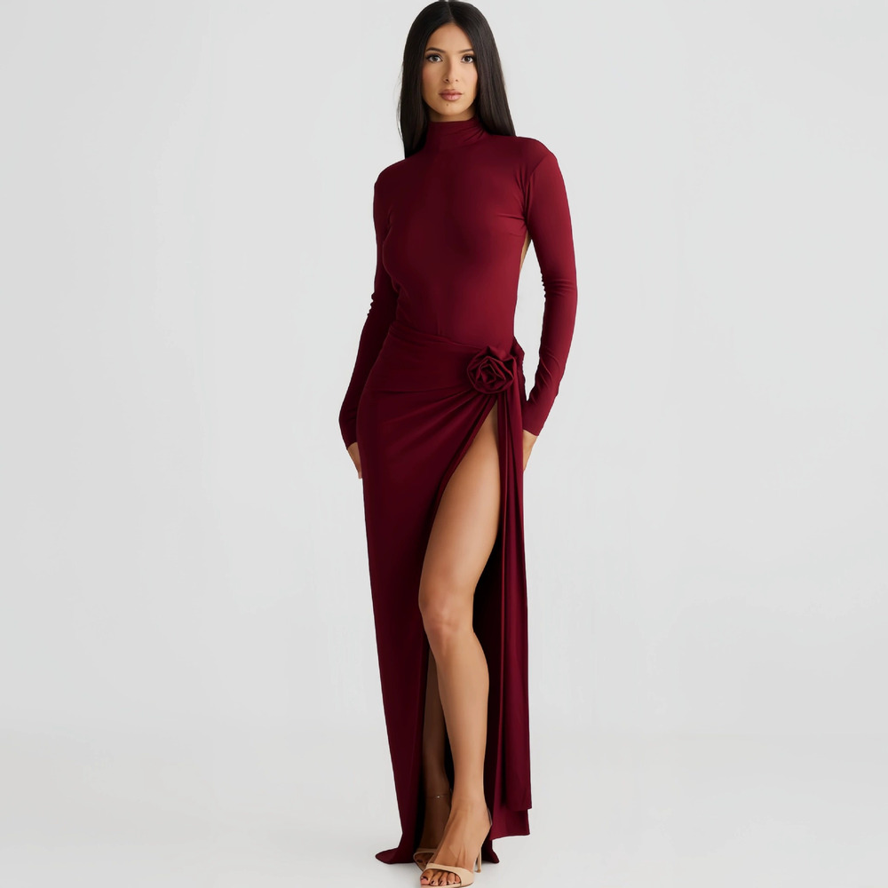 Zara Fall High Neck Backless Long Sleeve Bodysuit Slit Skirt Set